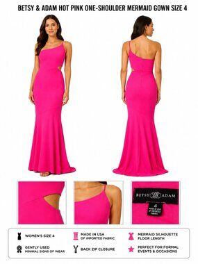 BETSY & ADAM HOT PINK ONE-SHOULDER MERMAID GOWN SIZE 4